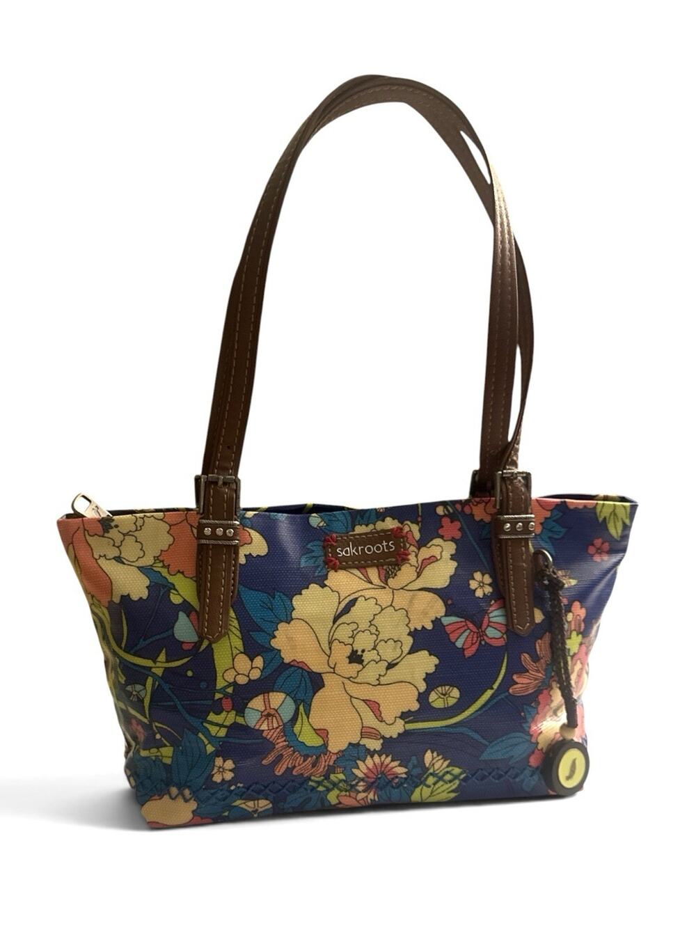 Sakroots Artist Circle Metro Tote Shoulder Bag Blue Floral Coated Canvas w/Charm